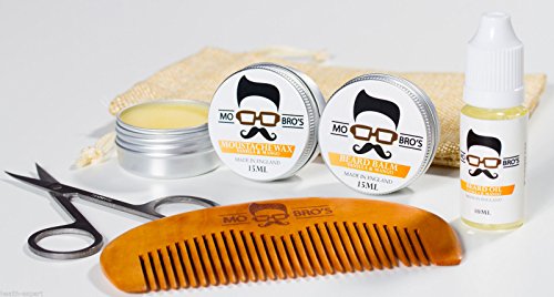 Mo Bro's Grooming Kit- Moustache Wax, Beard Balm, Oil, Comb, Scissors & Gift Bag (Vanilla & Mango)