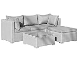 Poly Rattan: Silbergrau, Bezüge: Grau, Tisch mit Glassplatte, Verbindungsstück mitgeliefert.