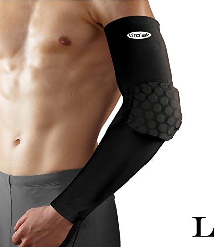 Arm Sleeve Elbow Compression Long Sleeve Forearm Brace Support, KIROLAK Black Honeycomb Pad Protective Arm Warm Support Brace for Football, Basketball, Running - Size L