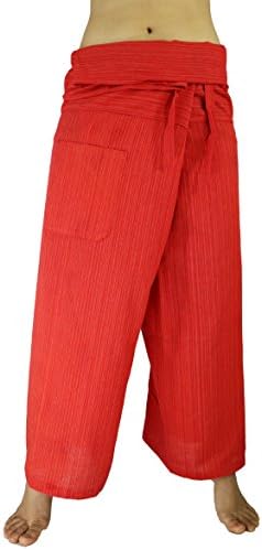 Miss Arika Rosina's Unisex Thai Fisherman Yoga Trousers Pants Baggy Stripe Cotton (Red)