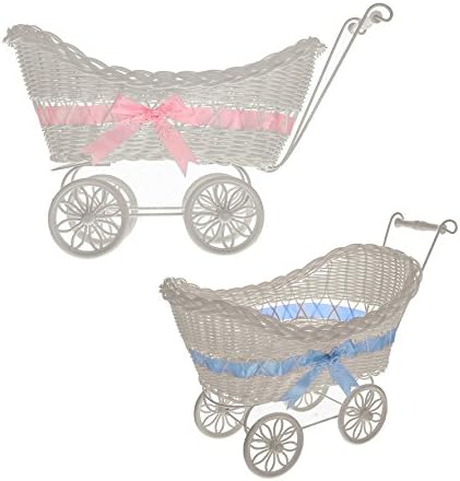 LIVIVO ® White Baby Pram Wicker Hamper Basket with Handles, Wheels and Colourful Satin Ribbon Bow - Perfect for Baby Showers or Newborn Baby Gifts - Beautiful and Stylish Multipurpose Baskets can also be used for Storage or Decoration in Any Room in the Home or Creating Beautiful Displays (Set of 2)