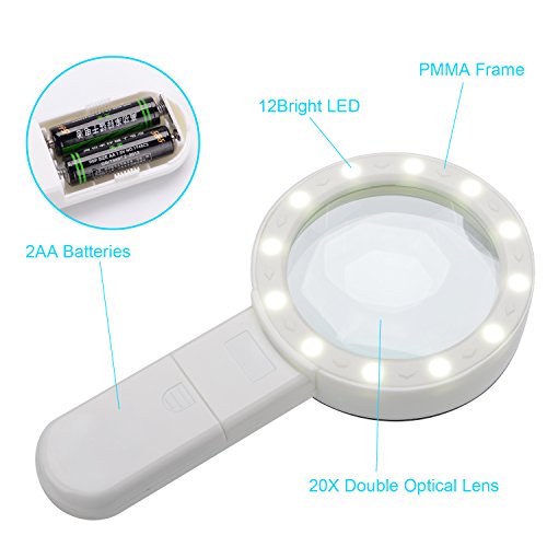 Lupa de mano extra grande y luz LED  XYK 20X mejor tama  o jumbo de lupa para lectura  inspecci  n  explorar  pasatiempos y m  s  blanca 