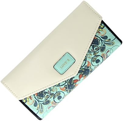 Womens Ladies Green Leather Wallet Purse Handbag Floral Flap Over With Credit Card Slots, Note Pocket, Bill Pocket and ID Window,Gift Boxed