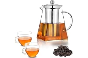 WARMTEASET Square Glass Teapot with Infuser, Tea Pot for One, Clear Easy Clean Borosilicate for Stovetop Safe,Glass Teapots for Blooming Tea,Loose Tea,Flowering Tea (550ML+2CUPS)