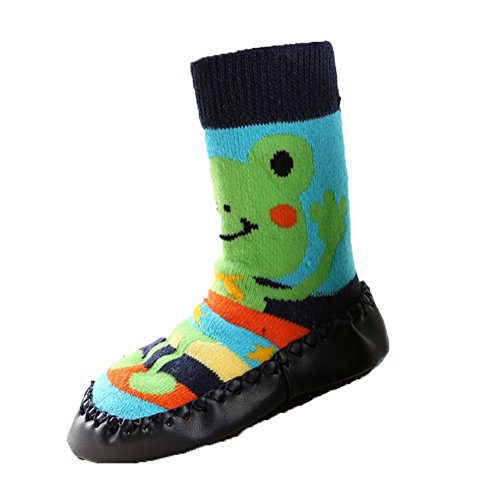 Moolecole Baby Toddlers Kids Indoor Slippers Shoes Socks Moccasins NON SKID Striped Frog Floor Socks 18-24 Months