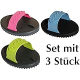 PVC Gummi Striegel 3er Set mit spezial Noppen, verstellbare Handschlaufe, farblich sortiert