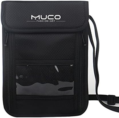 MUCO Neck Travel Hidden Wallet Passport Holder RFID Blocking Pouch for Men Women (Black)