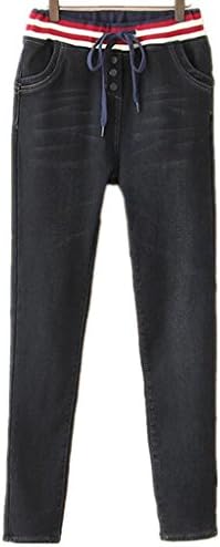 Wgwioo Women'S Jeans Thickened And Down To Keep Warm Elastic Waist Long Loose Solid Color Casual Denim Stretch Pants . Black . 34
