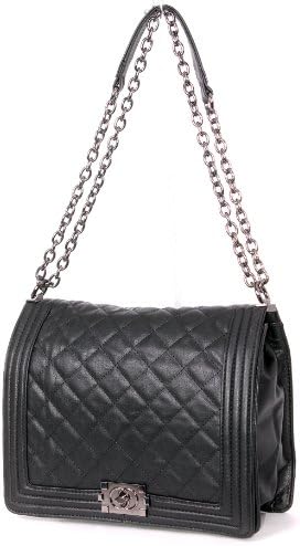 Designer Inspired Black Quilted Handbag with Metal Trim / Tote bag