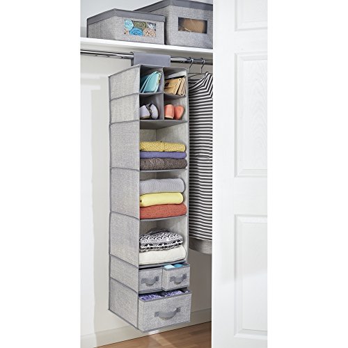 mDesign Stoff Hängeaufbewahrung und Kleiderschrank Organizer – Aufbewahrungssystem mit 7 Fächern und 3 Schubladen für Kleidung, Schuhe und Accessoires – grau - 2
