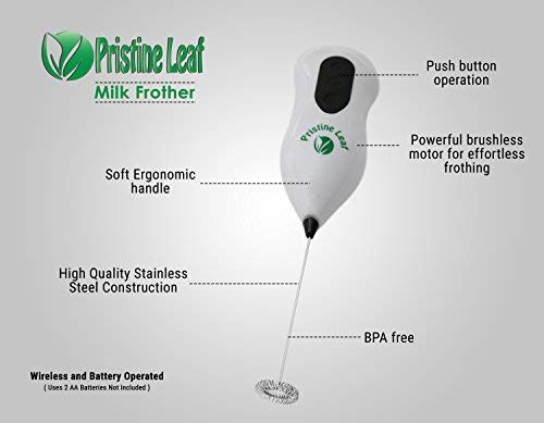 Pristine Leaf Milk Frother Handheld One Touch 17000RPM Battery Operated Electric Foam Maker For Matcha Tea, Coffee, Latte, Cappuccino, Hot Chocolate, Durable Drink Mixer with Stainless Steel Whisk