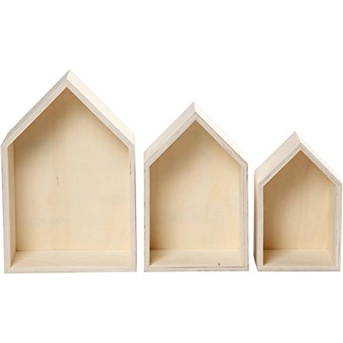 3-teiliges Set Holzbox, Regalbox Hausform, Wandregal Wanddekoration, Holz unbeh. - 3