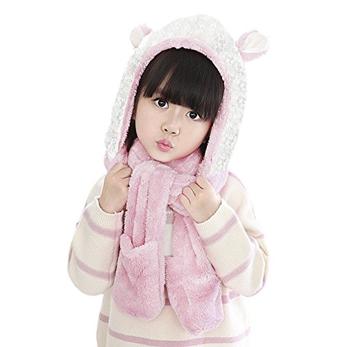 Unisexe Chapeau Bonnet-Echarpe-Gants en Peluche Chaud Thermique Foulard Châle Automne Hiver Tour de Cou Mignon Long Cap Douce Moufles Ski Snowboard Cadeau de Noël pour Enfants Filles Garçons