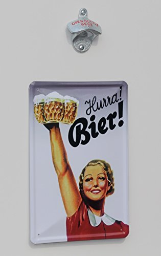 Wand-Flaschenöffner / orig. STARR-X-Öffner mit Magnetfalle / Fang-Magnet + Blech-Schild „Hurra Bier“ - 2
