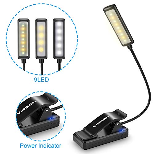 Luce per Lettura Ricaricabile, YINSAN Lampada da Lettura Dimmerabile Senza Livelli, 3 Modalità e 9 LEDs, Luce Libro Portatile con Clip, Ideale per E-Reader, Kindle, Studio, Letto, Viaggi, Tablet