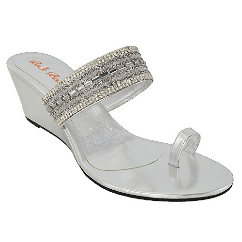 ESSEX GLAMLadies Wedge Heel Toe Post Diamante Silver Black Womens Party Sandals Shoes Size
