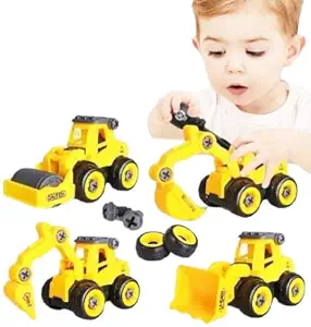 Sanghariyat Construction Vehicles Set, 4 Pack DIY Take Apart Toys Construction Trucks with 1 Screwdriver Tools, Kids Building Cars Bulldozer, Road Roller, Drill Truck car Multicolor