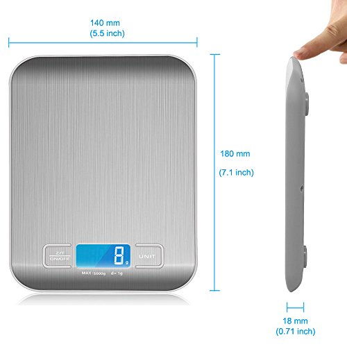 E2BUY® 5000g Digitale Küchenwaage, Lebensmittelwaage, Elektronische Kochen Lebensmittelwaage mit hoher Genauigkeit, LCD-Display, Edelstahl und schlankes Design, Inkl. Batterie (Silber) - 6