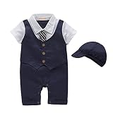G-Kids Baby Jungen Strampler Smoking Gentleman Strampler Sommer Kleidung Outfit Taufkleidung Fliege mit Hut  (Dunkelblau, 6-9 Monate/80)