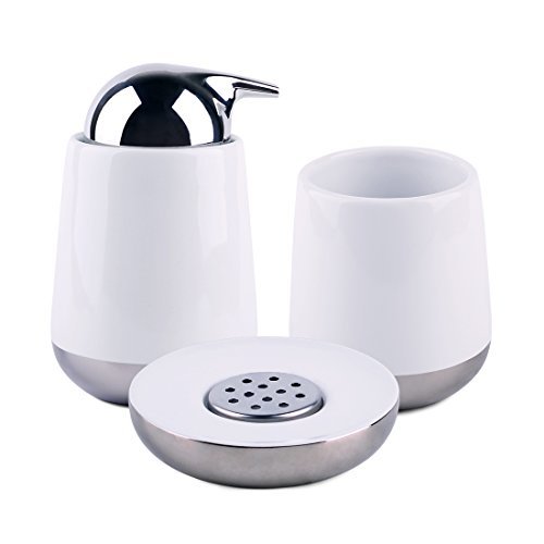 Satu Brown 3-teilig Deluxe Badezimmer Zubehör Set - aus Keramik - Beinhaltet: Seifenspender / Lotionspender, Seifenschale, Zahnputzbecher, Erstklassige Keramik Badezimmer Zubehör-Set (Weiß)