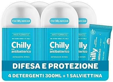 Chilly Detergente Antibatterico per l'Igiene Intima con Azione di Difesa e Protezione, Fragranza di Timo e Salvia, PH 5, Clinicamente Testato, Confezione da 4 Flaconi da 300ml