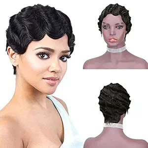 Meiverah Finger Wave Wig Human Hair Pixie Cut Wig Short Curly Virgin Hair 1920s Vintage Remy Mommy Wig for Black Women (1B#)