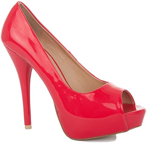 FrontCoverNEW WOMENS LADIES PLATFORM PARTY PROM WEDDING BRIDAL PEEP TOE HIGH HEELS STILETTO COURT SHOES PUMPS SIZE 3-8 Red Patent