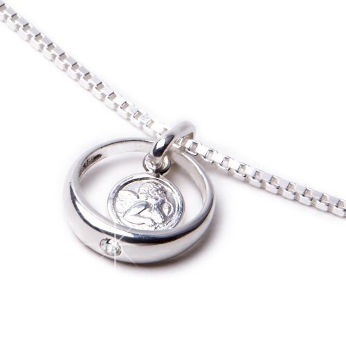 Silberne Kinderkette mit Anhänger Taufring Schutzengel und Zirkoniastein weiß Ø 12 mm, Veneziakette 925/- Sterling Silber 1,0 mm, Länge ca. 36 cm, Taufgeschenk