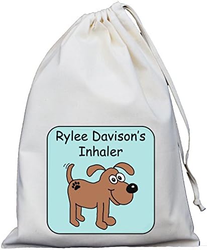 Personalised - Inhaler & Spacer Bag - Doggy Design - 25x35cm Natural Cotton Drawstring Bag - EMPTY …