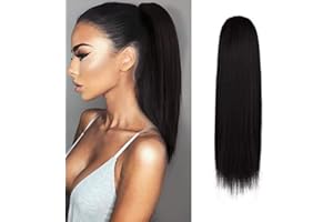 BARSDAR Ponytail Extensions, Short Straight Drawstring Ponytail Hair Extensions Synthetic Hair Ponytail Clip in Ponytail 14 inch Fluffy Yaki Hairpiece for Women Girls - Darkest Brown