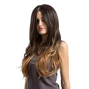 Velneet Beauty Gradient Blending Brown Long Straight Wave Curly Halve Soft Hair Wig for Women (65 cm)