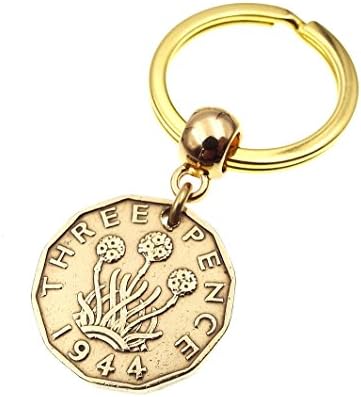 Genuine 1944 Brass Threepence Coin Keyring 74th Birthday Gift