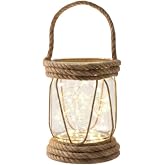 DYRIS Rustik Halatlı Cam Fener, Pilli LED Işıklı Dekoratif Kavanoz Lamba, Bah&ccedil;e ve Balkon Aydınlatması, 20x10 cm