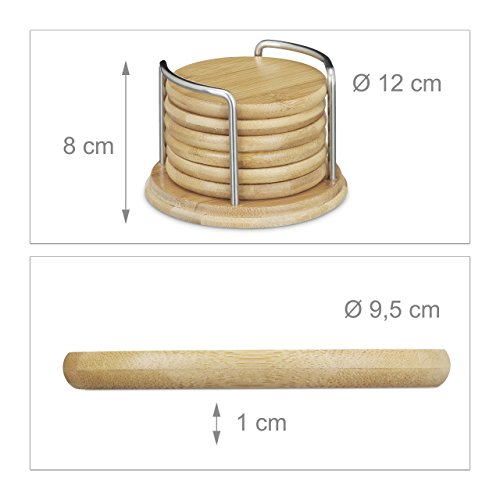 Relaxdays Untersetzer 7er Set rund, 6 Glasuntersetzer mit Halter, Holzuntersetzer für Gläser, Bierdeckel aus Bambus ca. 9,5 cm Durchmesser, natur - 2
