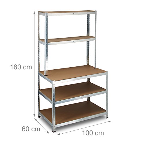 Relaxdays Schwerlastregal mit Werkbank, 900 Kg 5 Böden, Freistehend, HBT 180x 100 x 60 cm, Metall, MDF, Steckregal, grau - 3