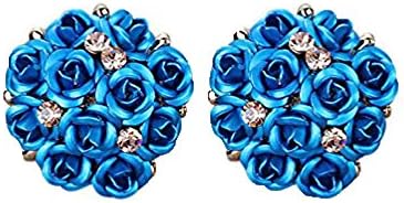 Hmeng Fashion Women Jewelry Rose Flower Shining Tiny Rhinestone Pierced Ear Pin Stud Earrings (Blue)