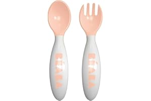 BEABA BÉABA - Set of 2nd Age Training Fork and Spoon Nude - Ergonomique Shape - Suitable for Left-Handed and Right-Handed - Transport Case included - Pink