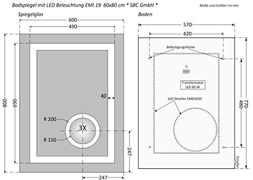 Design Spiegel mit LED Beleuchtung und integriertem Kosmetikspiegel, 60×80 cm, Badspiegel, LED kaltweiß, A++ - 3