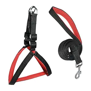 Nylon Padded Adjustable Dog Harness & Leash Rope for Pet (Medium, Black-RED)