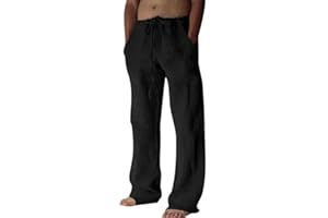 Litthing Men Linen Trousers Cotton Jogging Bottoms Casual Summer Pants with Pockets Loose Fit Drawstring Elastic Waist Trouser Comfortable Lightweight