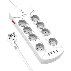 VASTFAFA Multiprise Parasurtenseur Parafoudre,Bloc Multiprise avec 8 Prises Electrique et 4 Ports USB(5V,2.4A),Interrupteur,Adaptateur Douille,Cordon de 1.5m-Blanc