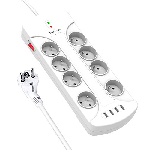 VASTFAFA Multiprise Parasurtenseur Parafoudre,Bloc Multiprise avec 8 Prises Electrique et 4 Ports USB(5V,2.4A),Interrupteur,Adaptateur Douille,Cordon de 1.5m-Blanc