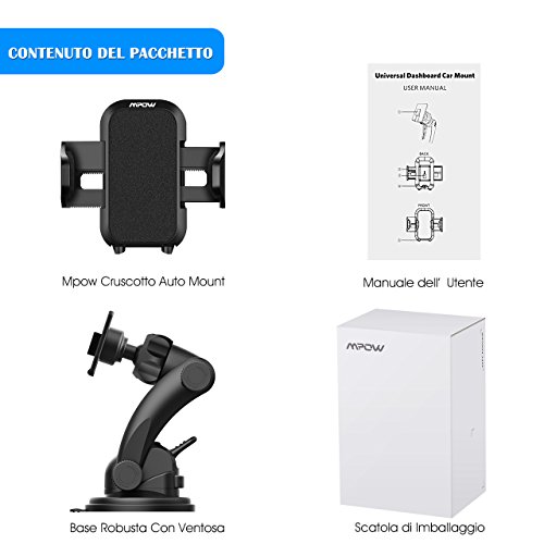 Supporto Cellulare per Auto Mpow Supporto Auto Smartphone Culla Regolabile per Cruscotto Dashboard Parabrezza, Supporto Cellulare per Auto per iPhone 7 7 plus 6s Plus 6s 6 Plus 6 5s 5c 5 4s, Samsung Galaxy S6 Edge + S6 S5 S4 S3, Note 4 3 2, Sony, Huawei, Xiaomi ecc