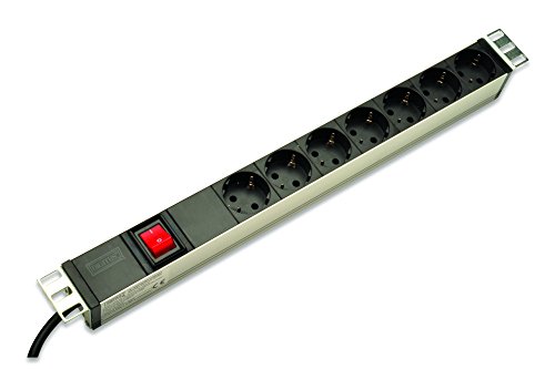 DIGITUS Professional Aluminium Steckdosenleiste, 1HE, 483 mm (19") Schrank Montage, 16A, 250VAC 50/60Hz, 7x Schutzkontaktsteckdose, Schalter, 1.8 m Zuleitung Schutzkontaktstecker