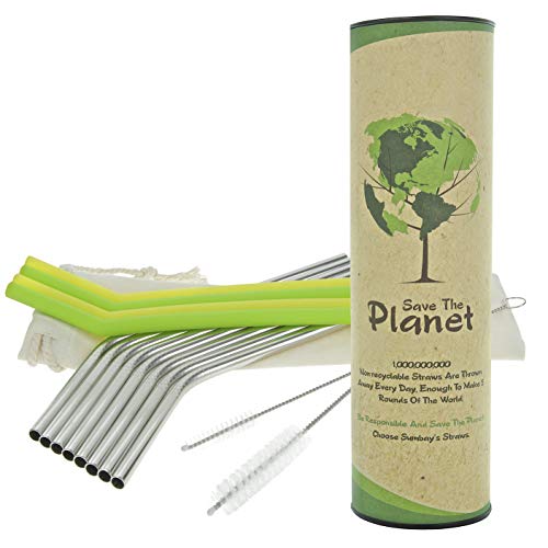 Sumbay Pailles Réutilisables avec 2 Goupillons & Étui | Écologique, Lavable & non Jetable pour Café, Cocktail et Smoothie | Courbées - Sans BPA | Idéal pour Enfant | 8 en Acier & 4 en Silicone - 18 cm