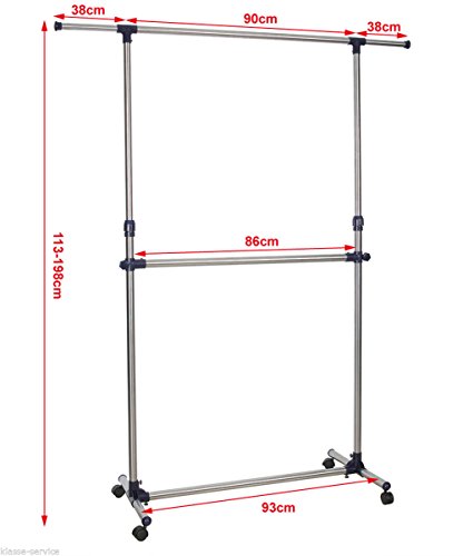 Kronenburg Kleiderständer Doppelstock – Garderobenständer mit Rollen – Höhenverstellbar von 113 bis 198 cm in Blau - 2