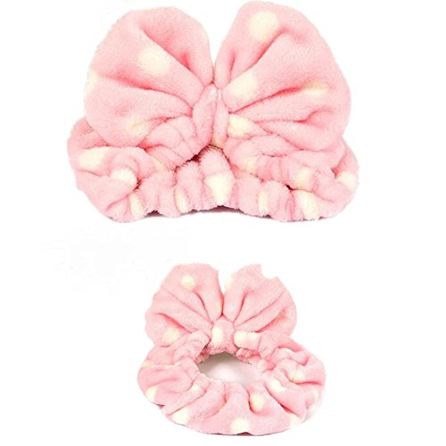 yocome Frauen Mädchen Dusche Haar Gummi Band Haarband türkis Herz Schleife Schleife für Dusche Make-up pink white dots - 2