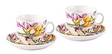  Kaffeetassen-Set 4-tlg mit Blumen-Dekor (2 Tassen und 2 Untertassen, Kaffee-Service, Steingut, Tee-Service, Kaffee-Geschirr-Set)