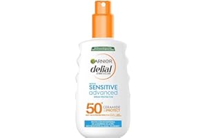 Garnier Delial Sensitive Advanced Spray Protector Solar para pieles claras, sensibles e intolerantes al sol. FPS 50+. Resistente al agua. 0% graso, 0% pegajoso. 200 ml