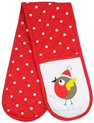 CHRISTMAS CARTOON ROBIN POLKA DOTS RED WHITE COTTON QUILTED DOUBLE OVEN GLOVES